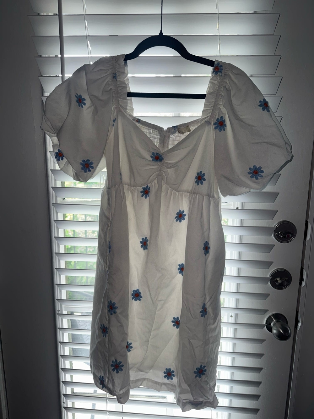 White Puff Sleeve Floral Mini Dress with Blue & Orange Embroidery